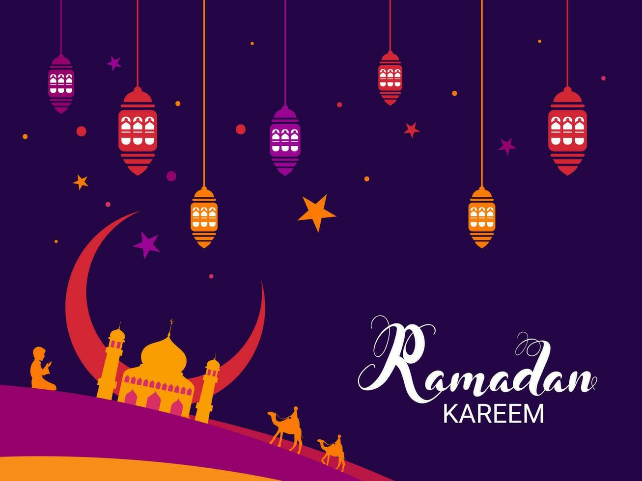 Ramadán kareem celebracion con mezquita, creciente luna, camello, silueta chico Orando namaz y colgando Arábica linternas decorado en púrpura antecedentes. vector