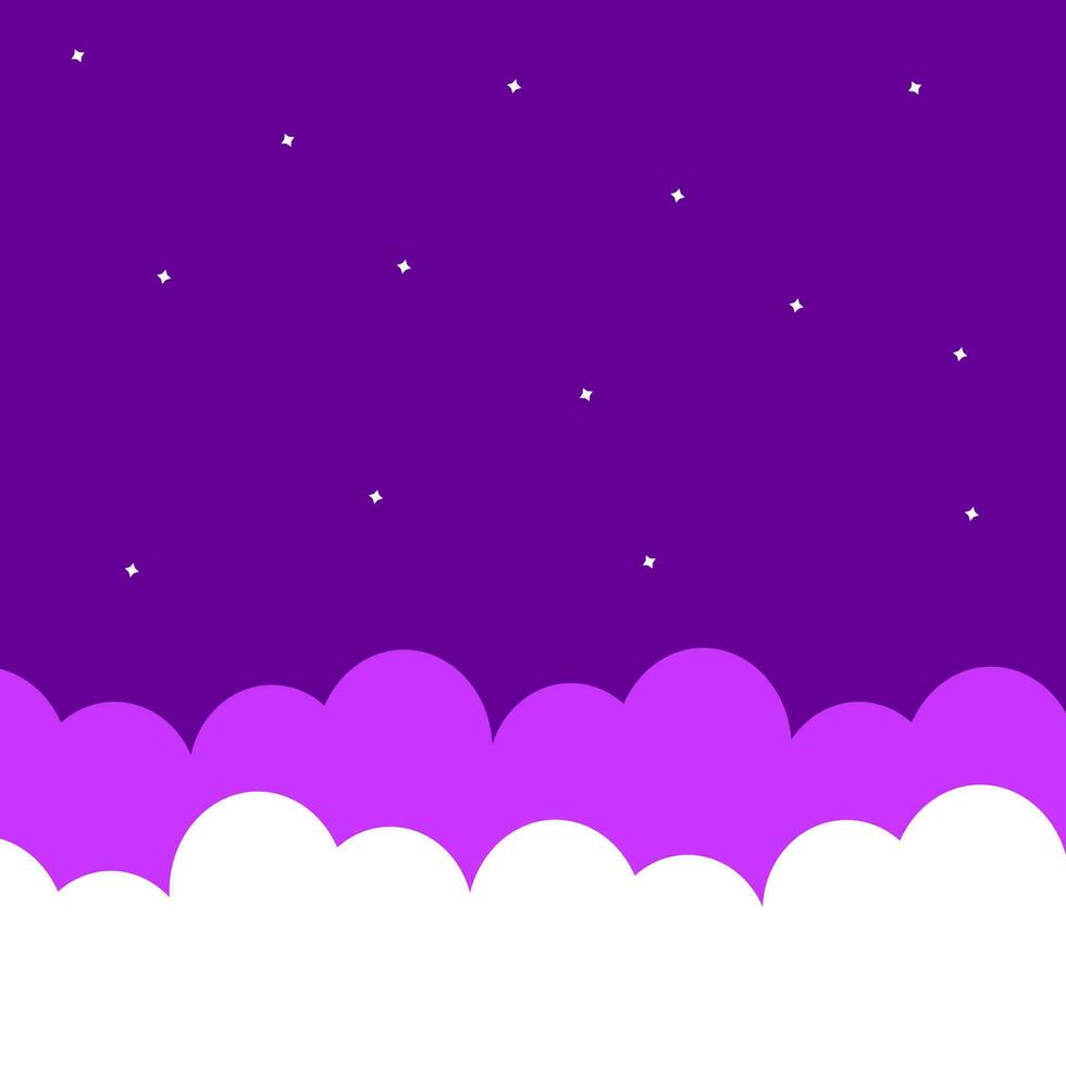 Clouds and stars in the purple sky. Cute background in cartoon style. vector