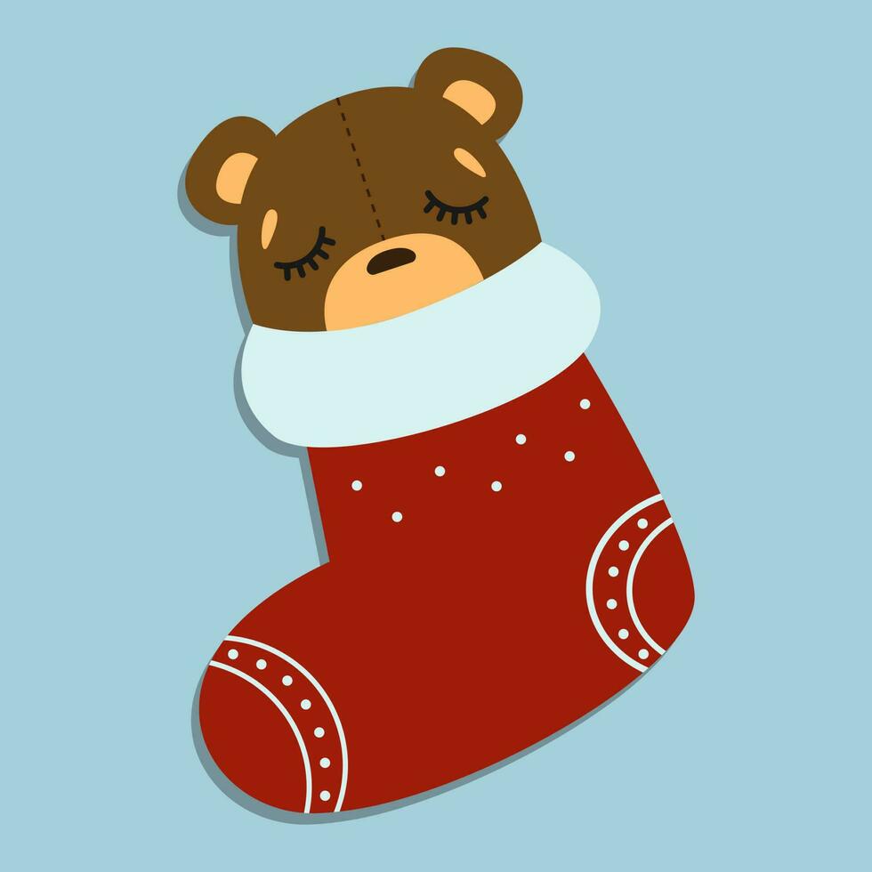 Cute cartoon bear sleeping in Christmas stockings. Vector illustration of Christmas socks.