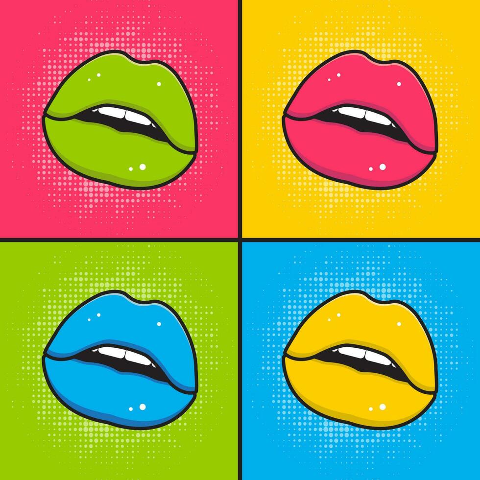 Pop art poster. Multi-colored lips on a multi-colored background. vector illustration.