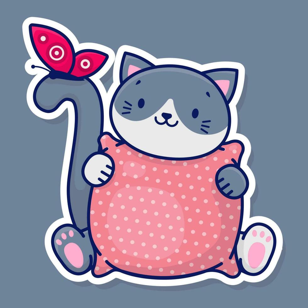 A cute cartoon gray cat holds a pink pillow in its paws. Cat and butterfly. Vector sticker.