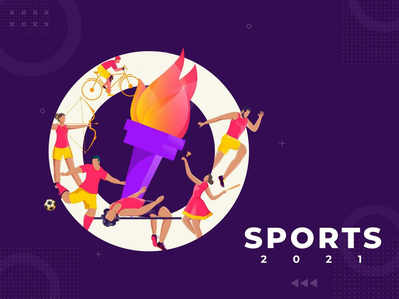 2021 Deportes establecido póster diseño con dibujos animados atletismo en diferente actividad y llameante antorcha. vector