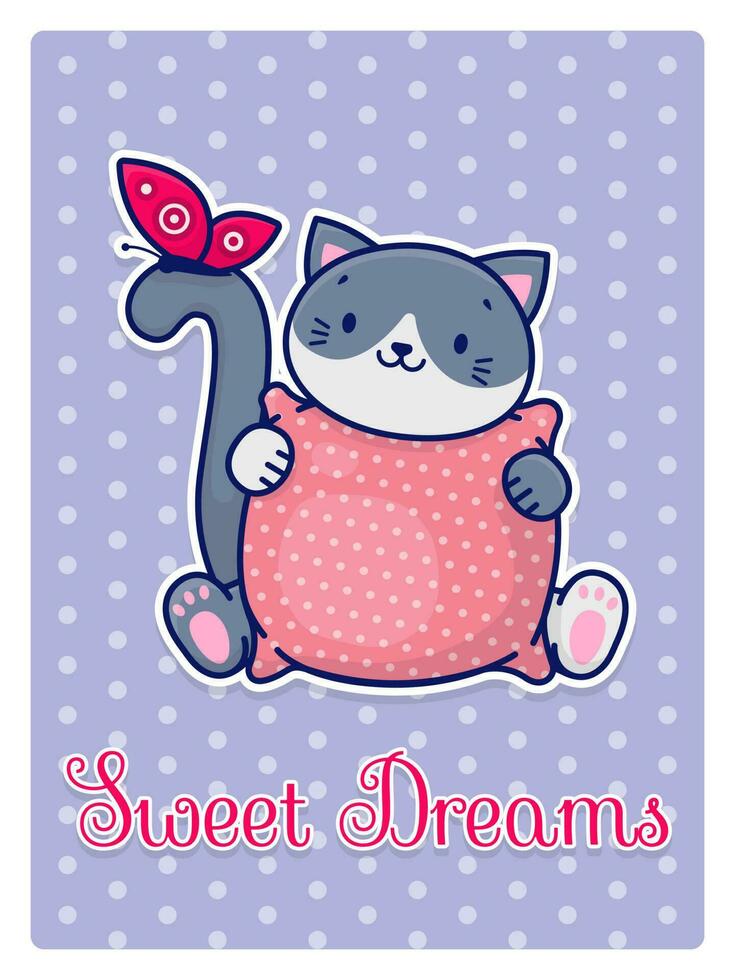 A cute cartoon gray cat holds a pink pillow in its paws. Cat and butterfly. Sweet dreams. Vector postcard.