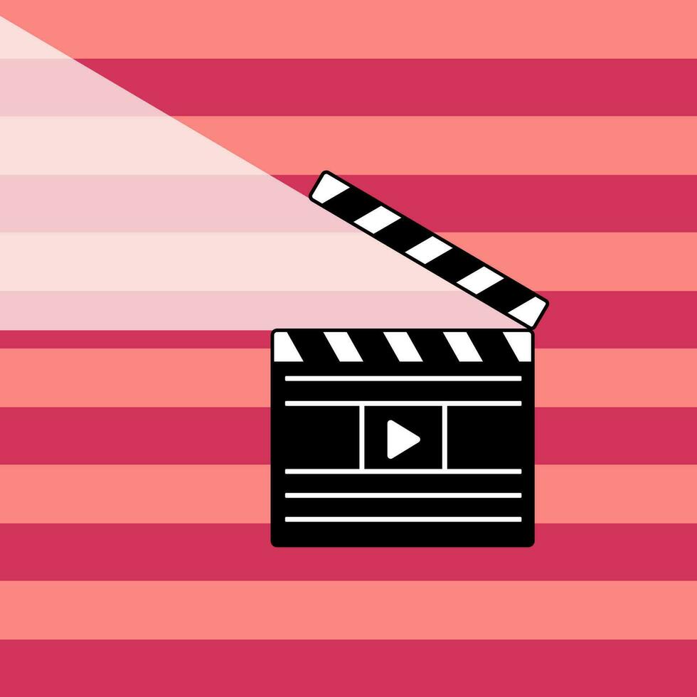 Clapperboard on a pink striped background. Simple flat vector illustration