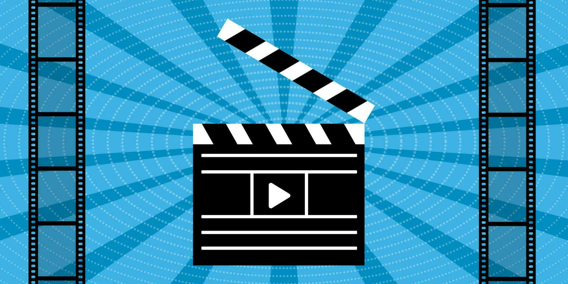 Image of Clapperboard with start button. Cinema screen and film strip. Cinema poster. Vector illustration