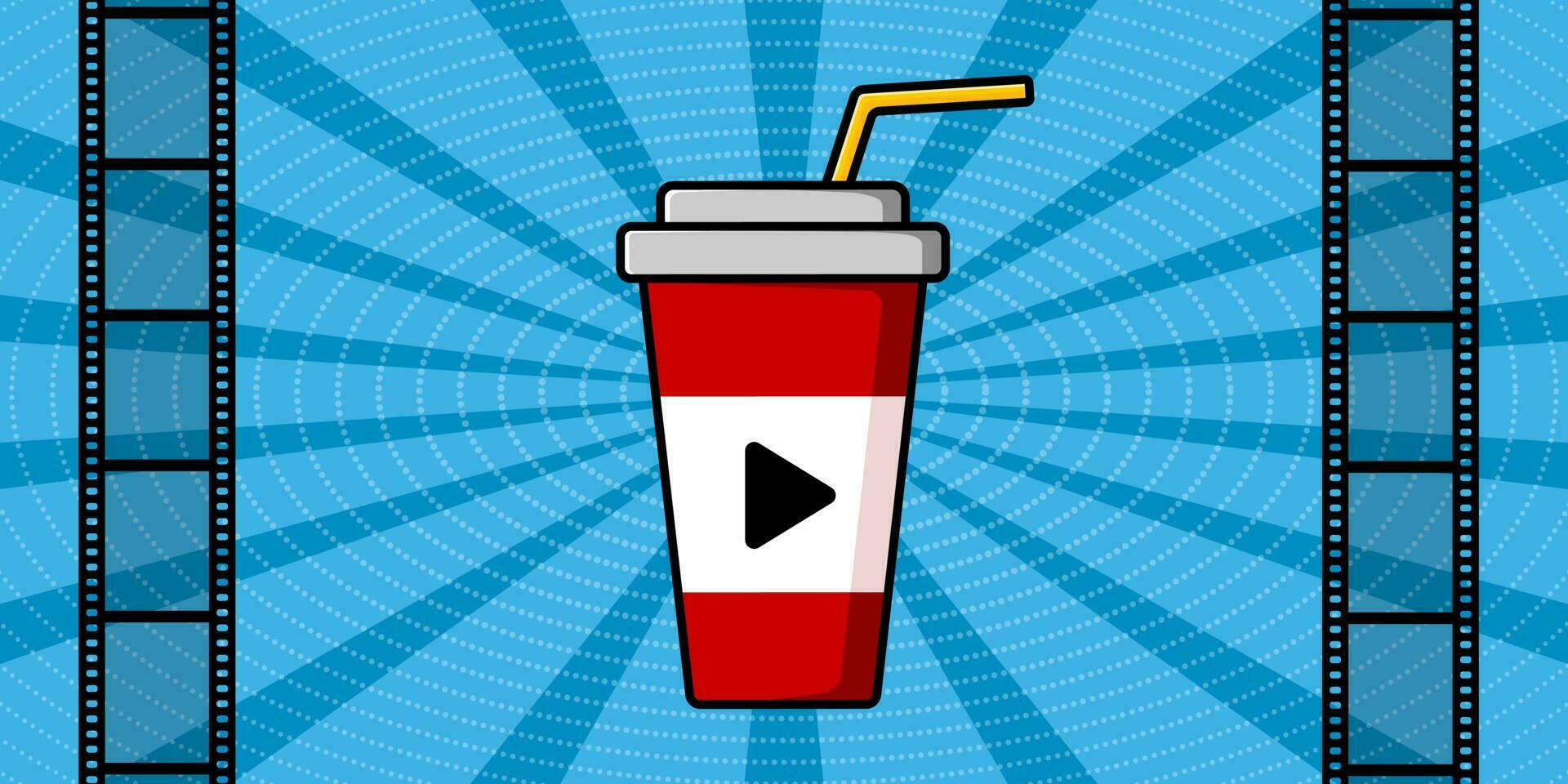 imagen de un vaso con un bebida y un comienzo botón. cine pantalla y película banda. cine póster. vector ilustración