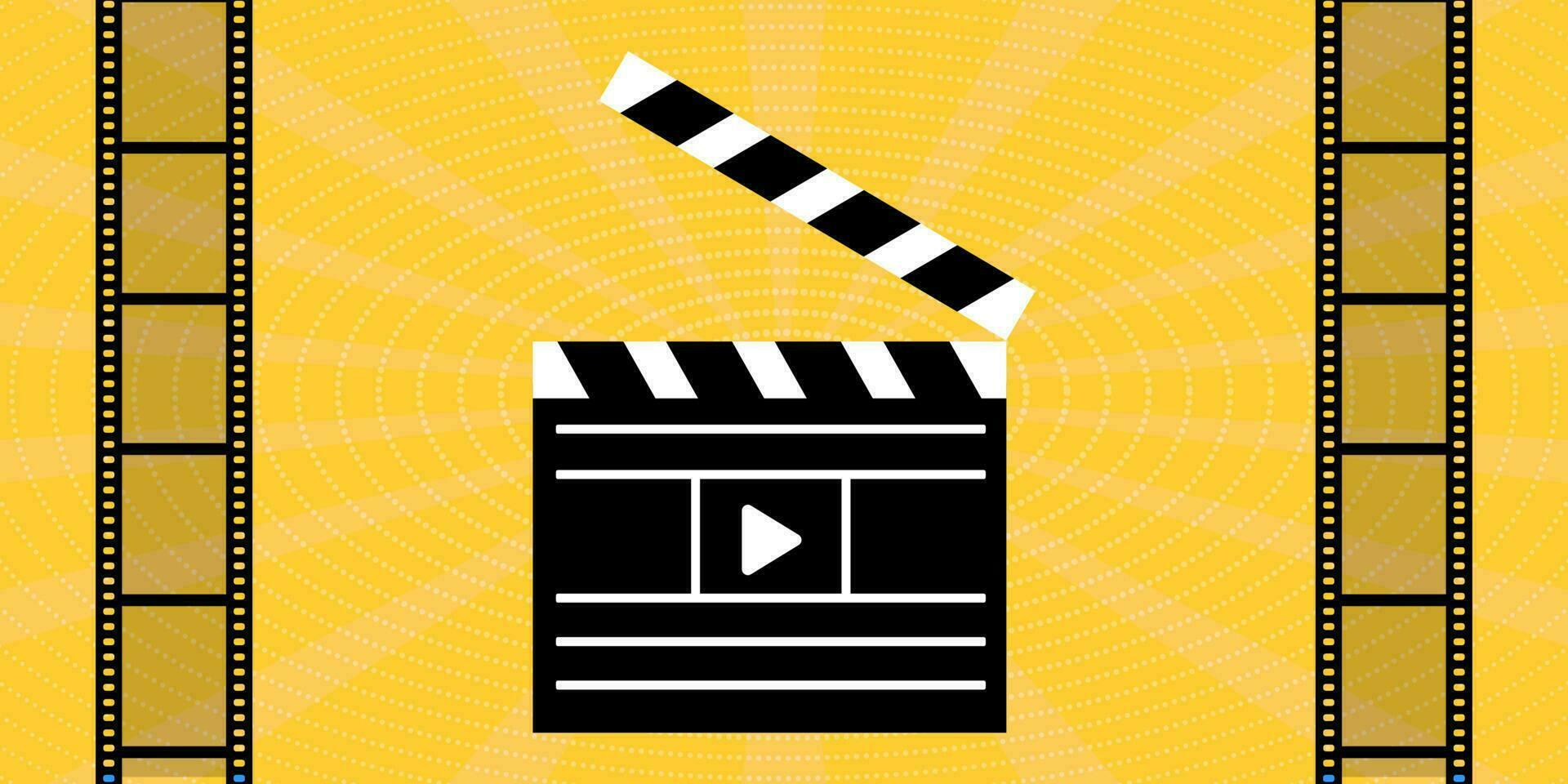 Image of Clapperboard with start button. Cinema screen and film strip. Cinema poster. Vector illustration