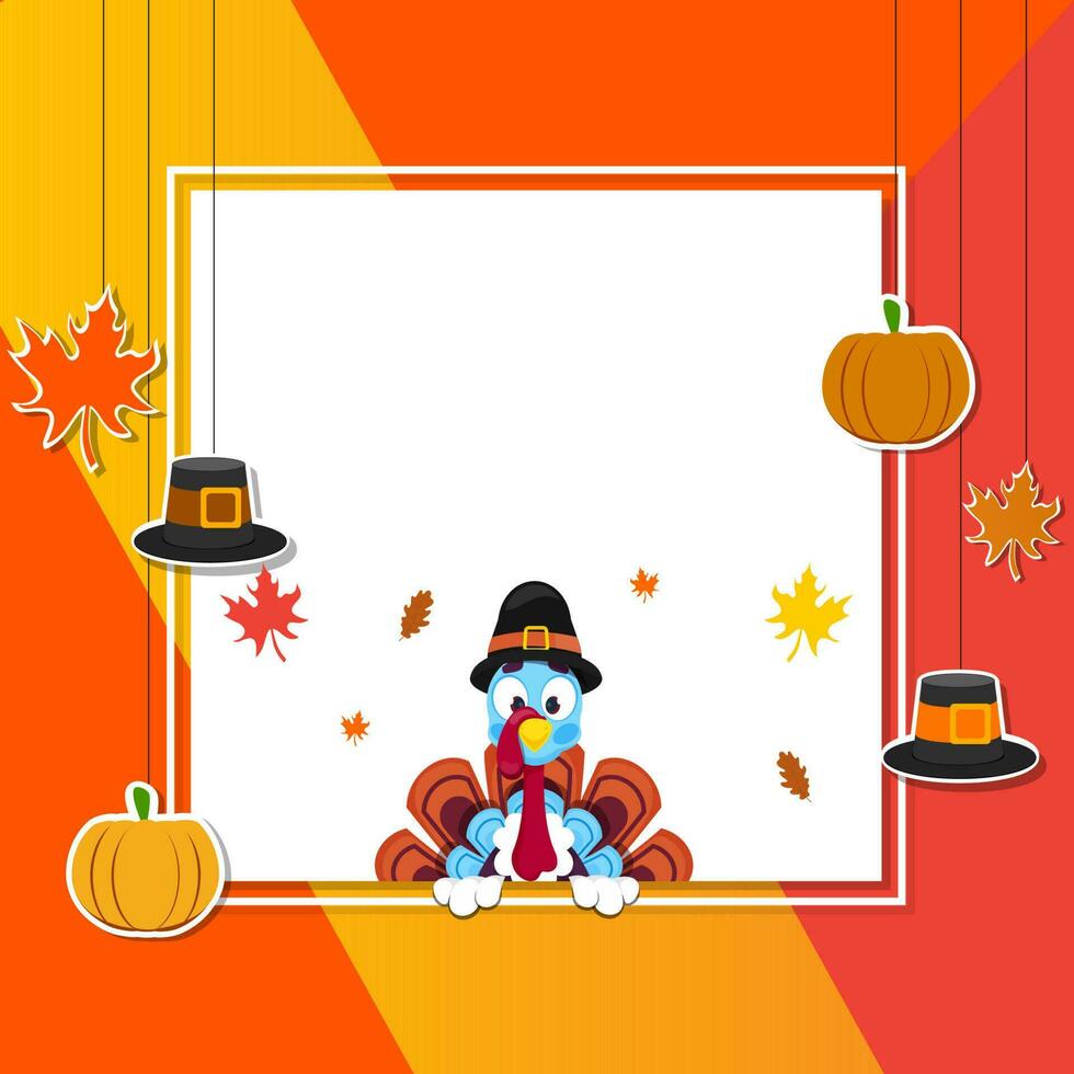 Illustration of turkey bird with sticker style pilgrim hat, pumpkin and autumn leaves decorated on colorful background with space for your message. vector