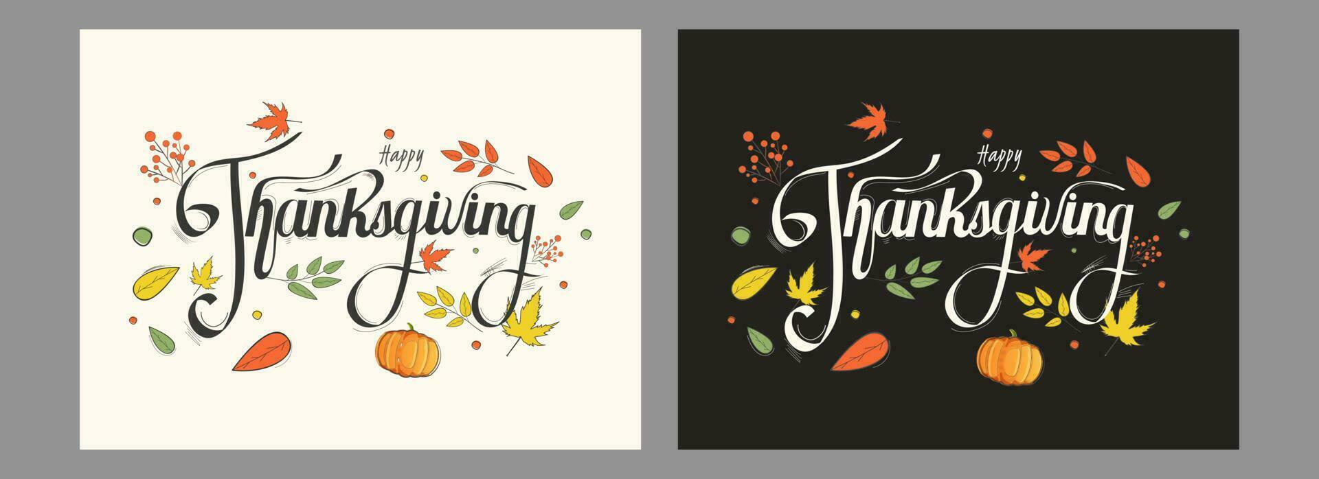 caligrafía de contento acción de gracias con calabaza y otoño hojas decorado en antecedentes en dos color opción. vector