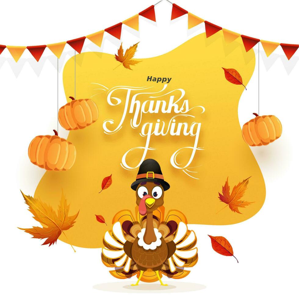 Happy Thanksgiving greeting card design decorated with hanging pumpkins, autumn leaves and turkey bird wearing pilgrim hat on abstract background. vector