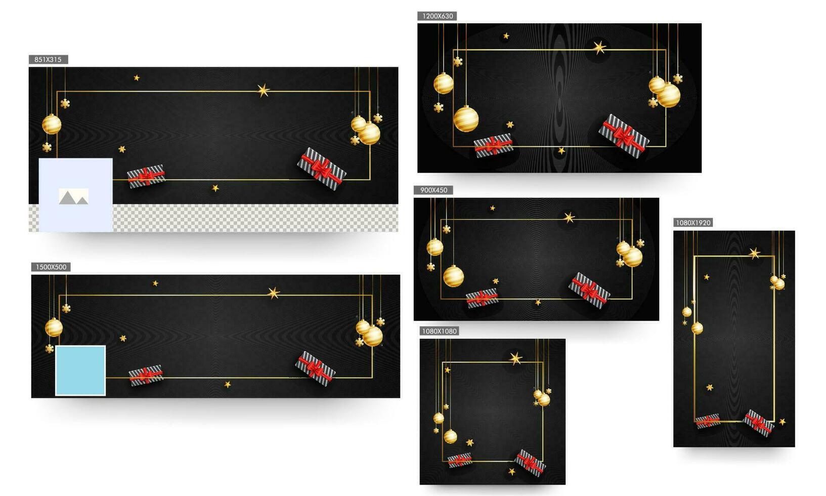 Header or Banner, Poster and Template Design with Gift Boxes, Hanging Golden Baubles, Stars and Snowflakes Decorated on Black Background with Space for your message. vector