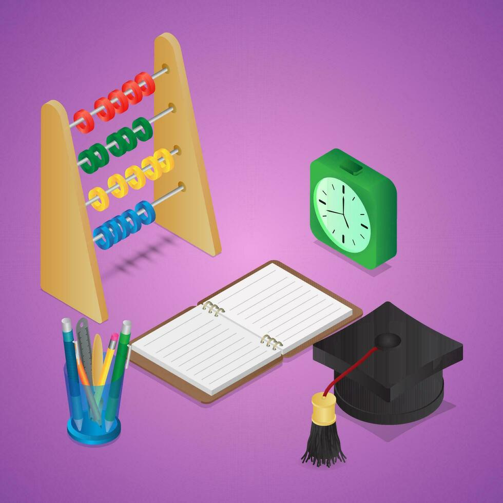 3D graduation cap with open notebook, pen holder, abacus, alarm clock on purple background. vector