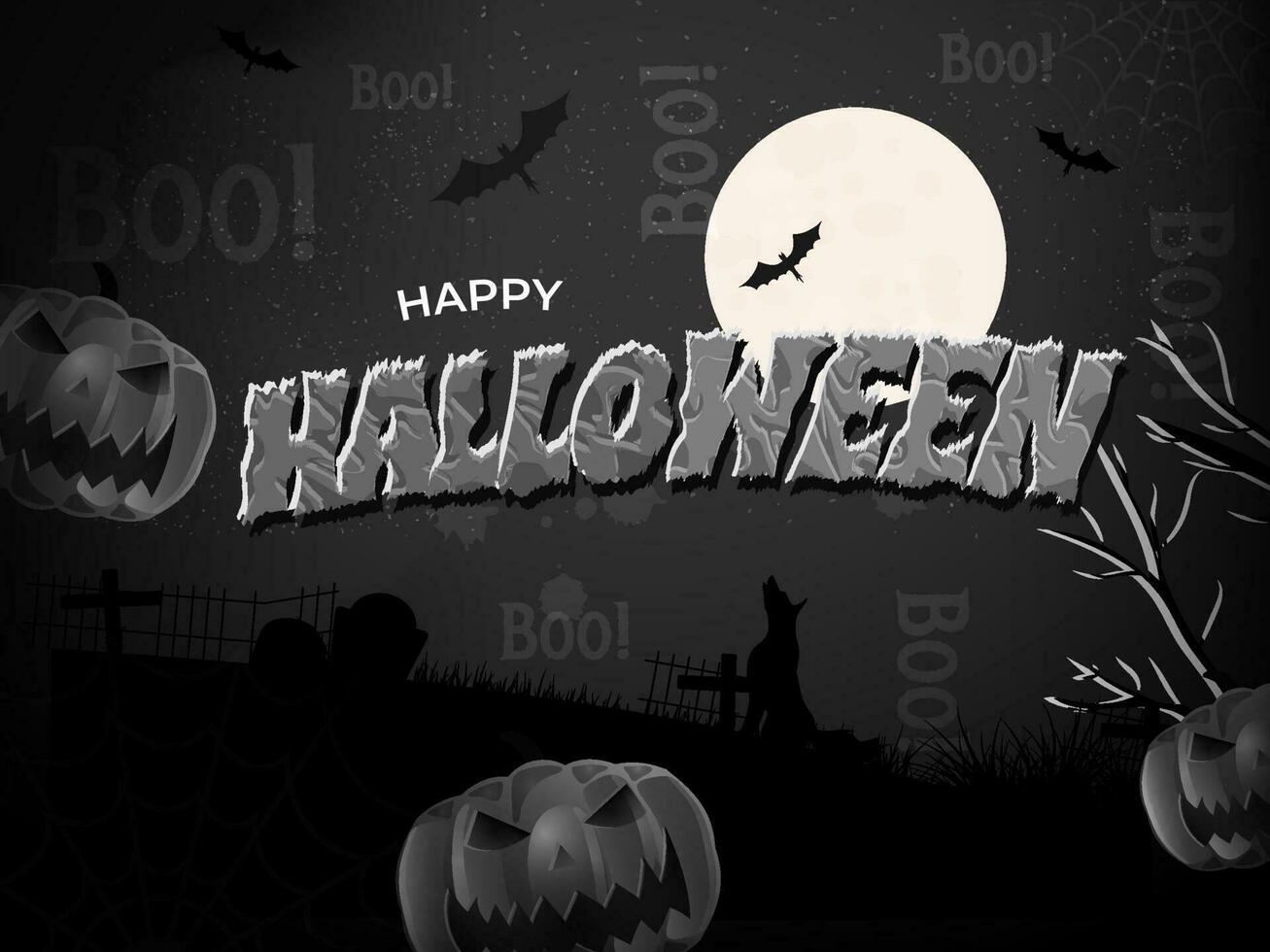 Creative text of Happy Halloween with scary pumpkins decorated on full moon night graveyard background. Can be used as poster design. vector