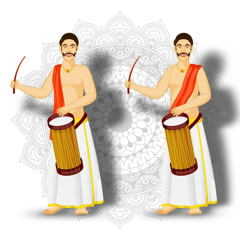 Illustration of South Indian drummer character on mandala pattern background. vector