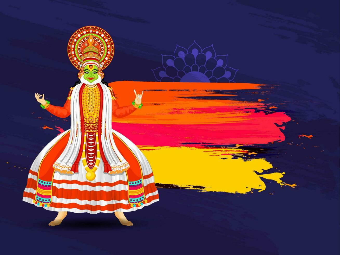 Illustration of Kathakali dancer on abstract brush stroke background with space for your message. Can be used as poster or banner design. vector