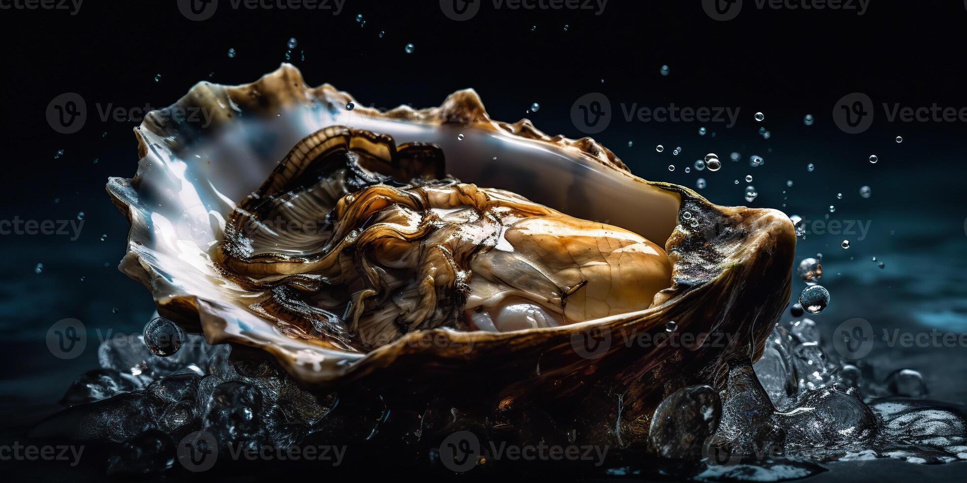 . . Macro photorealistic shot of sea ocean oyster open shell delicious food for wine. Romantic luxury vibe. Graphic Art photo