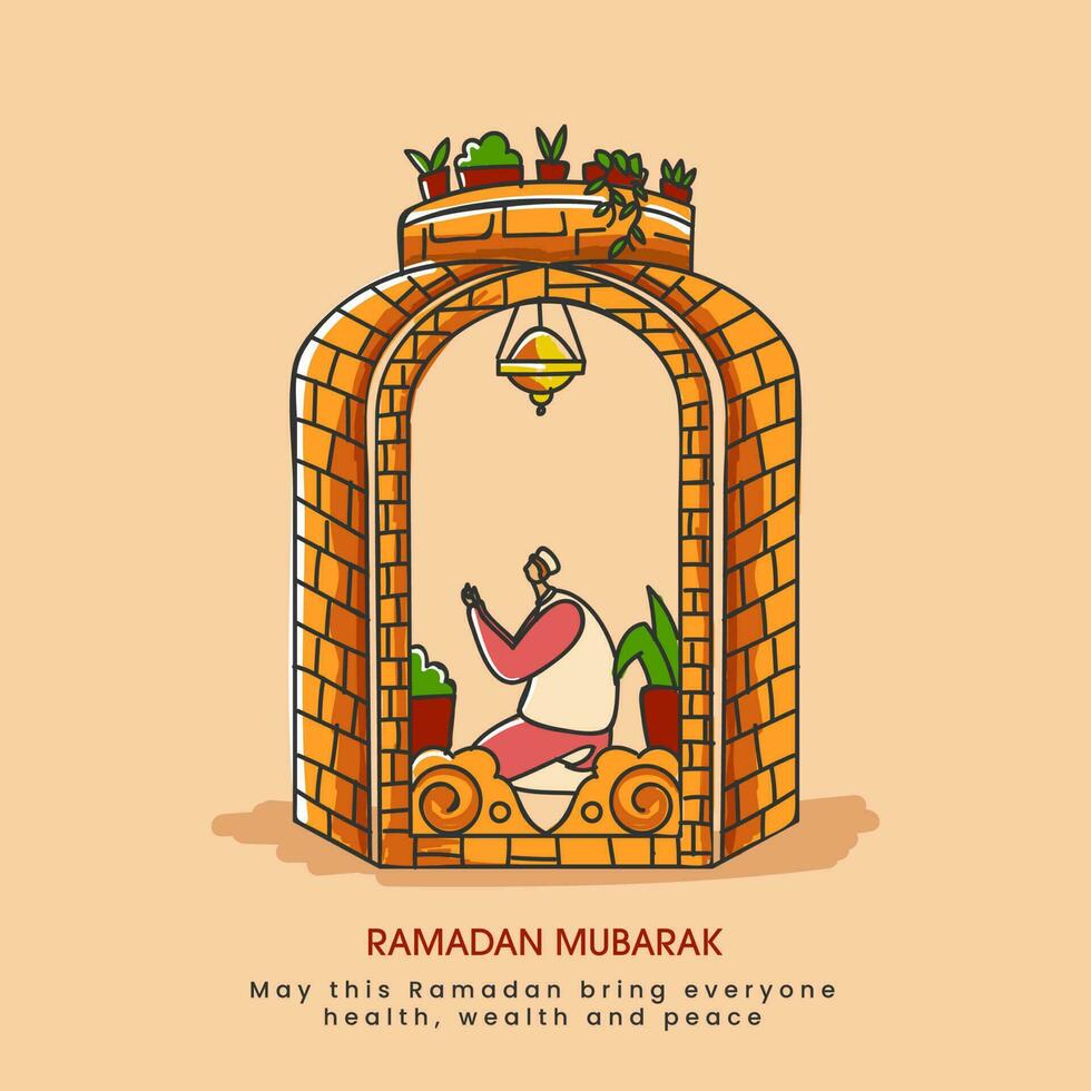 Muslim Man Offering Namaz In Brick Lantern On The Occasion Of Ramadan Mubarak. vector