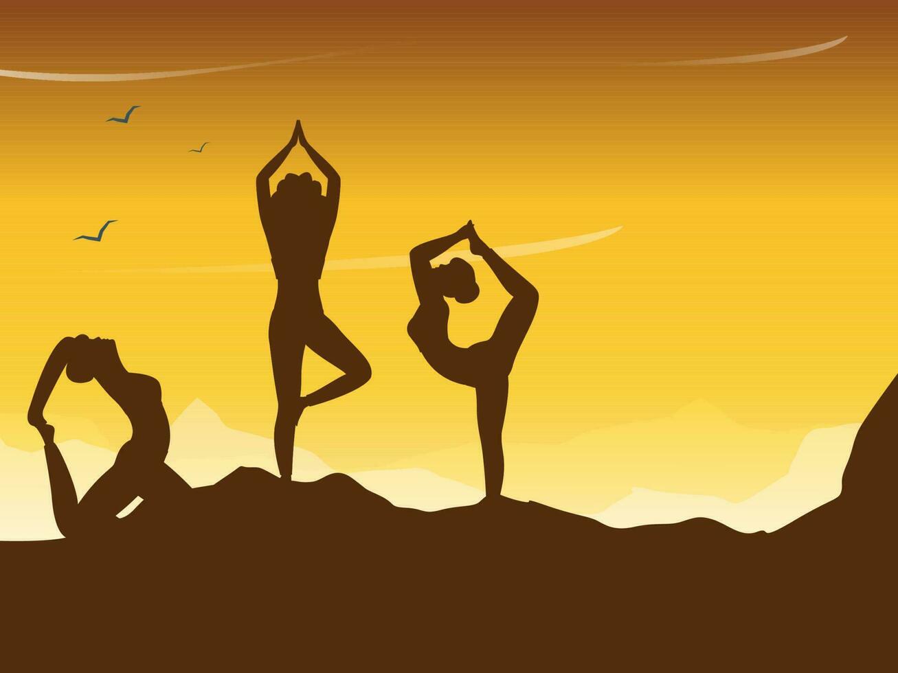 Group of women doing yoga in different poses on top of mountain for Yoga Day celebration. Beautiful poster or banner design. vector