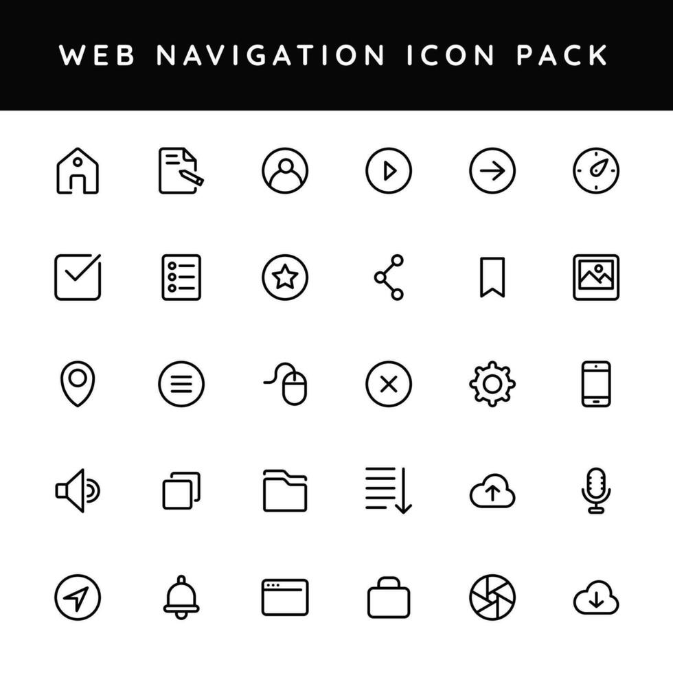 Black line art illustration of web navigation icon pack. vector