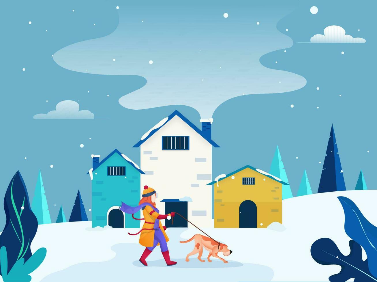 Faceless woman carrying dog in front of house on snowy nature view background for Hello Winter. vector