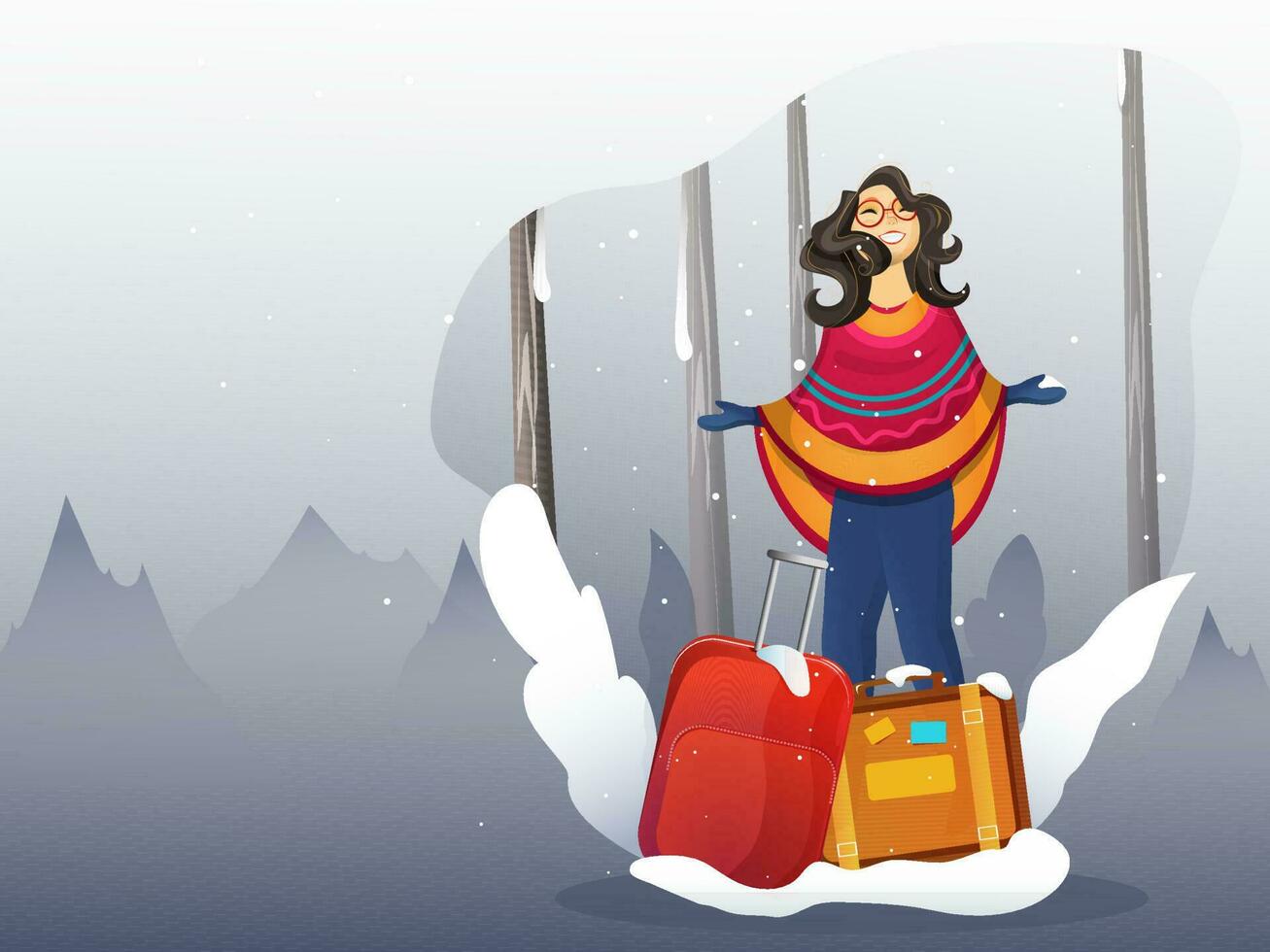 Young tourist girl enjoying snowfall with luggage bag on nature landscape background for Hello Winter. vector