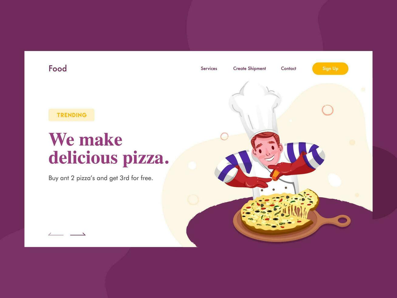 Web banner or landing page design with chef character presenting pizza on pan and given message We Make Delicious Pizza. vector