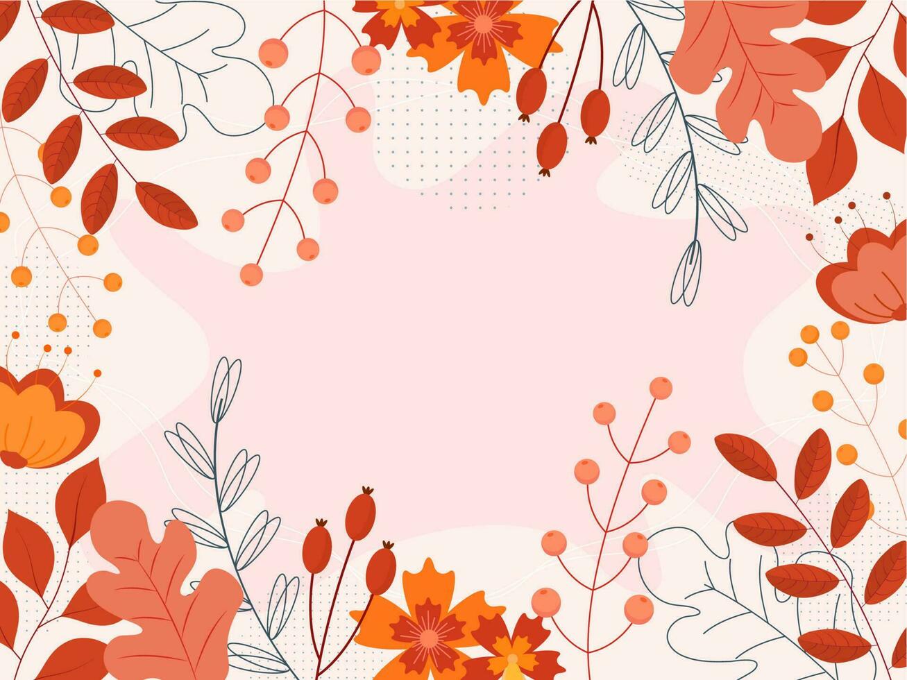 Pastel Pink Background Decorated with Flowers, Berry Branches and Leaves. vector