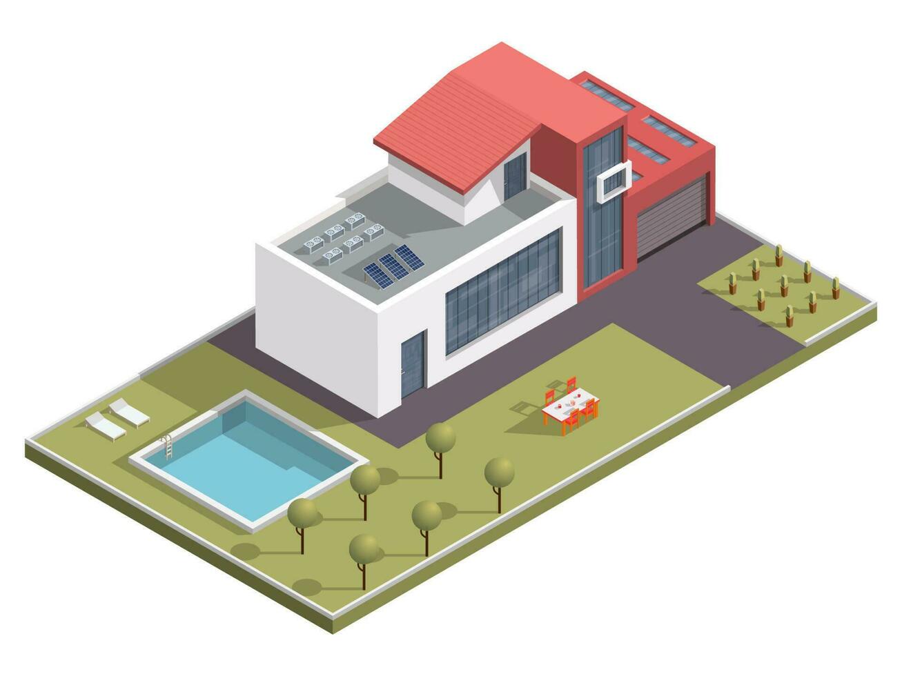 Isometric building with swimming pool and dining table along garden yard background. vector