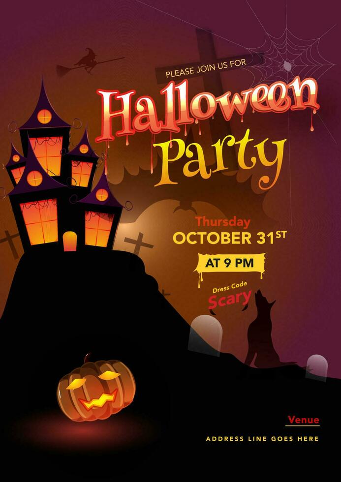 Advertising template or flyer design with haunted house, spooky jack-o-lantern and yelling wolf for Halloween Party. vector