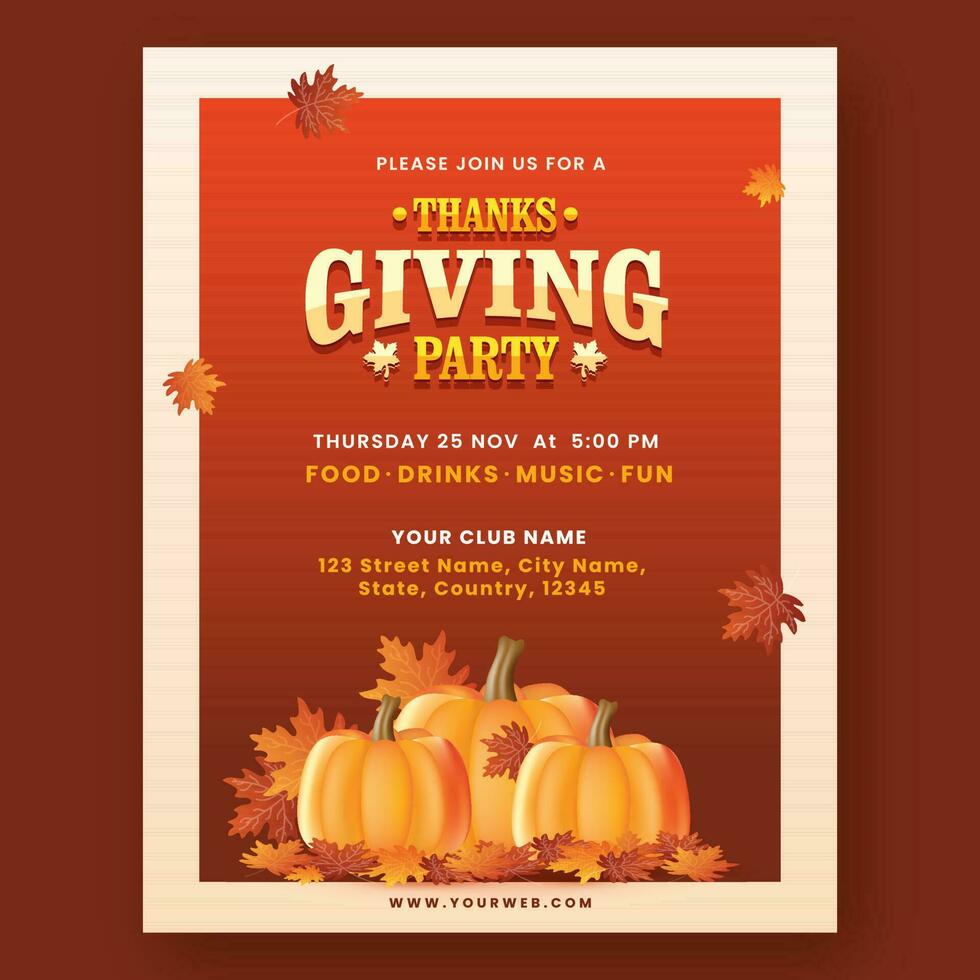 Thanksgiving Party Invitation Card With Pumpkins, Maple Leaves And Venue. vector