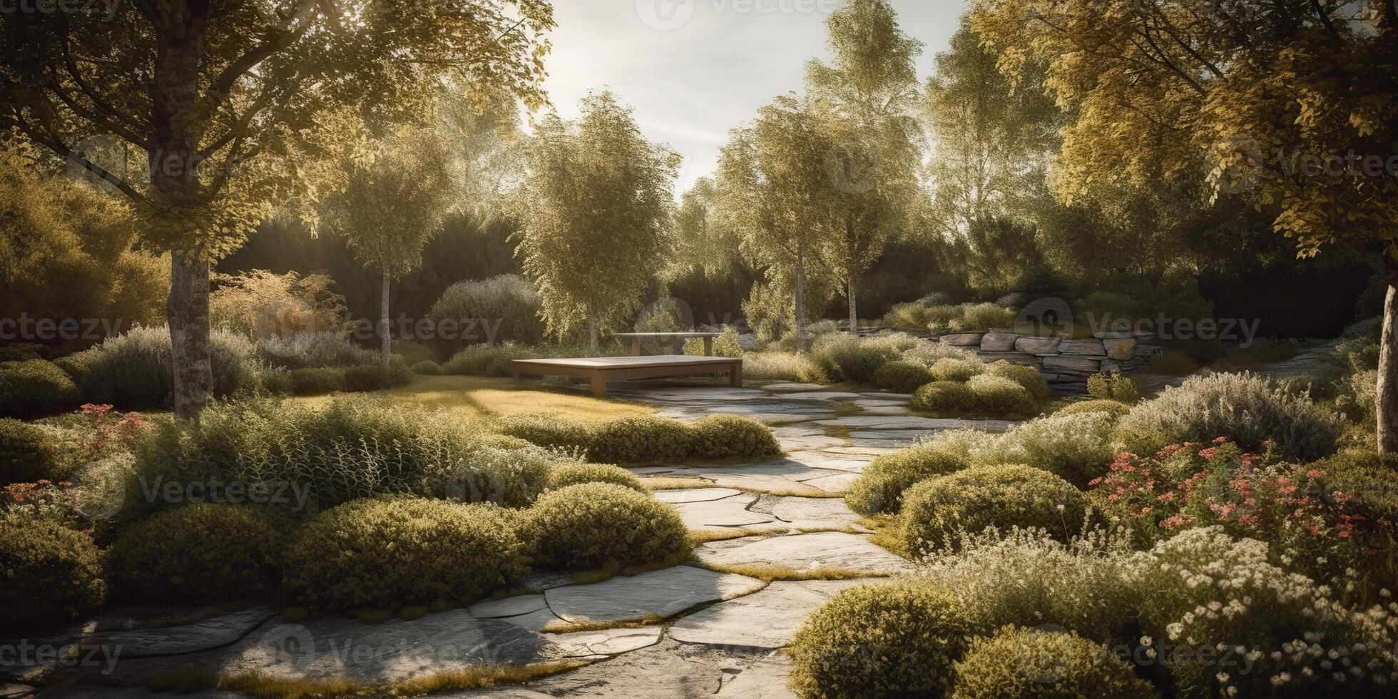 . . Photo realistic illustration of scandinavian peace calm meditation garden outside city house. Relax vibe. Graphic Art