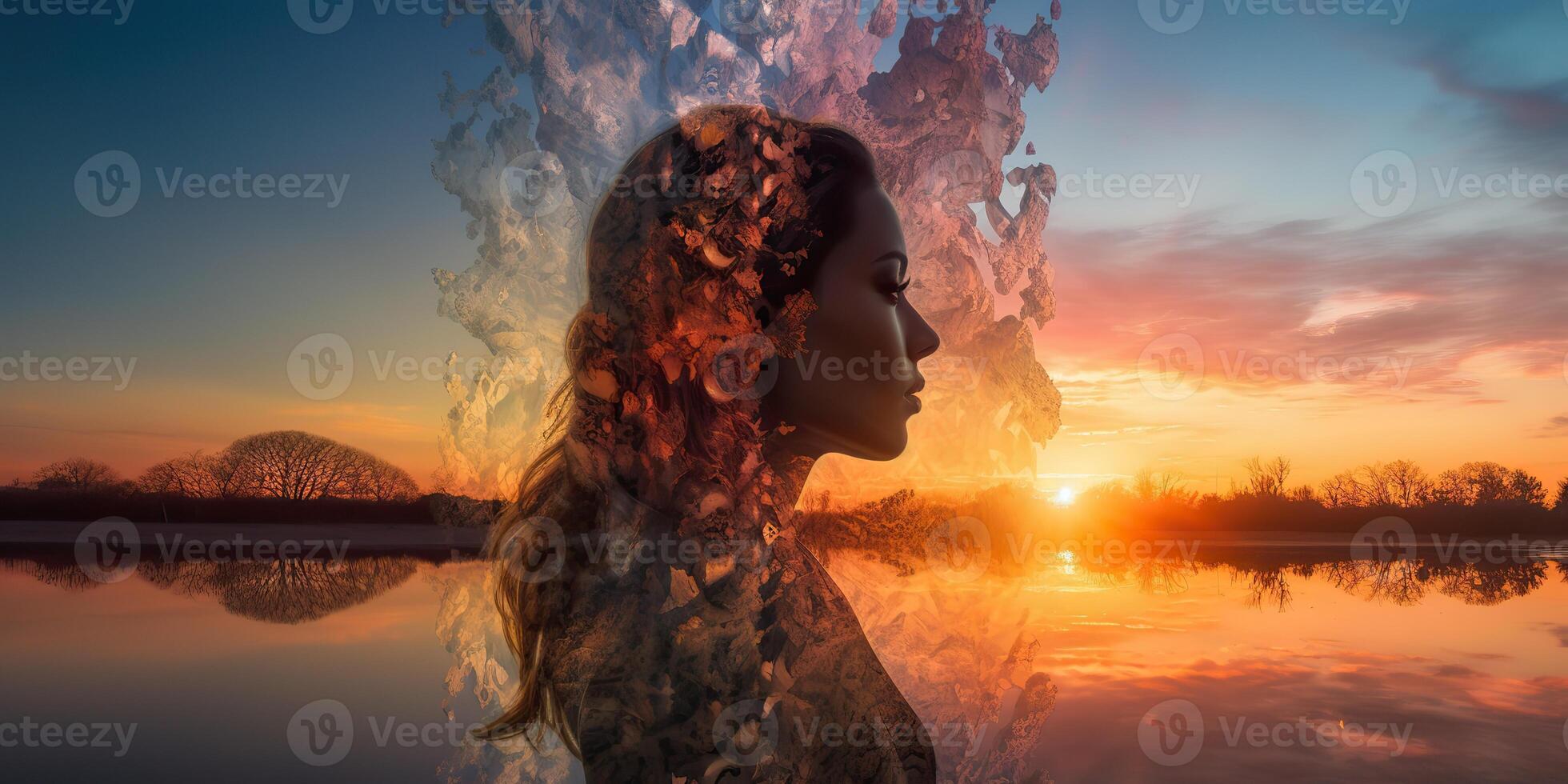 . . Double exposure photo realistic illustration. Romantic free soul lifestyle adventure vibe. Graphic Art