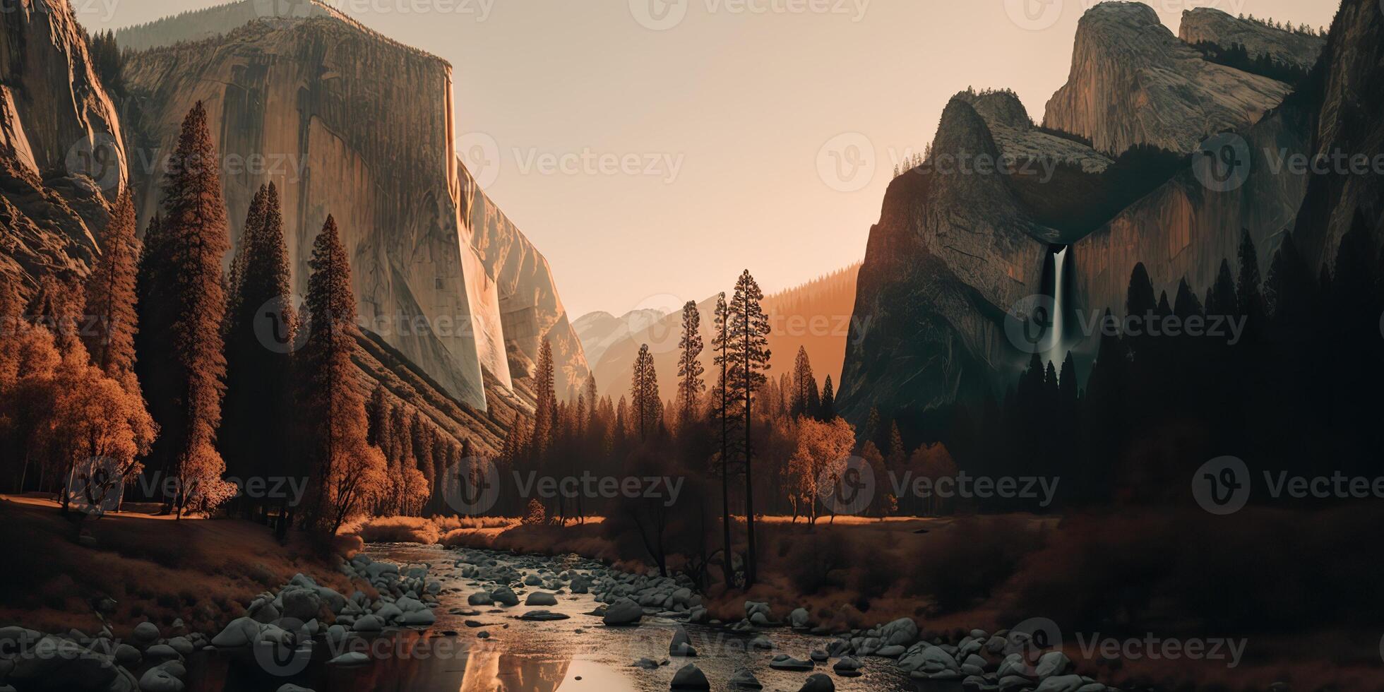 . . Photo realistic illustration of usa american Yosemite national park in the evening morning. Adventure explore vibe. Graphic Art