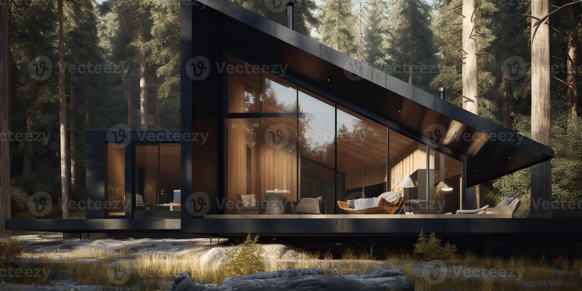 AI Generated. AI Generative. Photo realistic illustraion of modern vintage wood cabin hotel room in dark forest. Romantic couple vacation vibe. Graphic Art