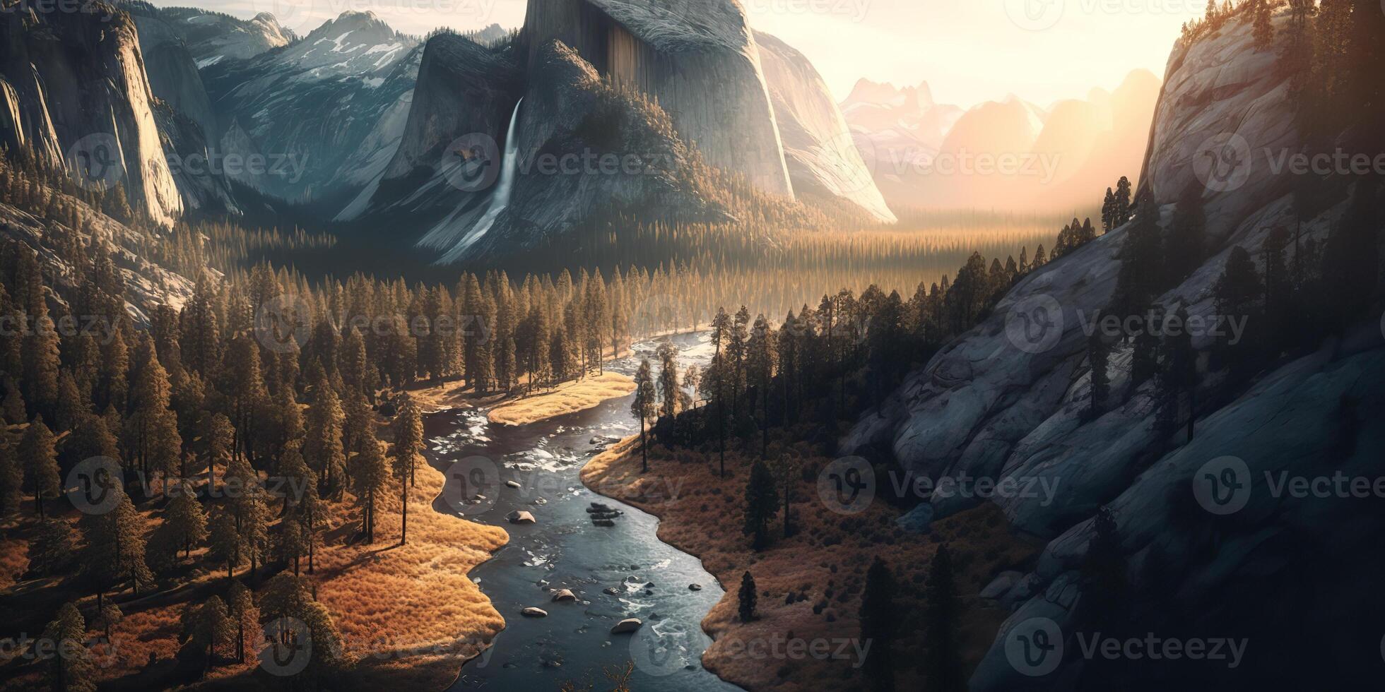 . . Photo realistic illustration of usa american Yosemite national park in the evening morning. Adventure explore vibe. Graphic Art