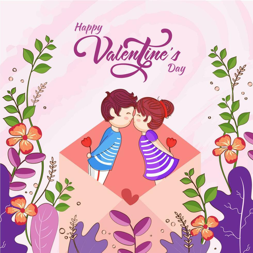 romántico niños Pareja en abierto sobre con floral decorado contento San Valentín día saludo tarjeta diseño. vector