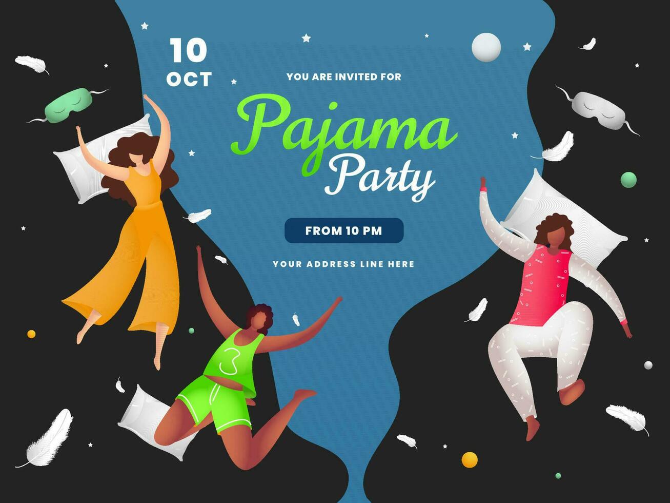 Young girls enjoying with flying pillow on the occasion of Pajama Party. Can be used as banner or poster design. vector