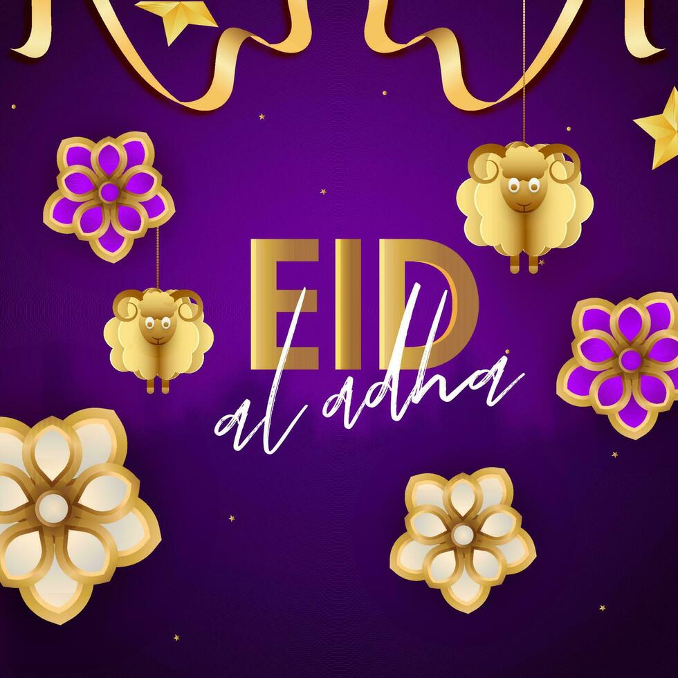 Stylish calligraphy of Eid-Al-Adha Mubarak with decoration of flower and paper cut sheep on purple background. vector