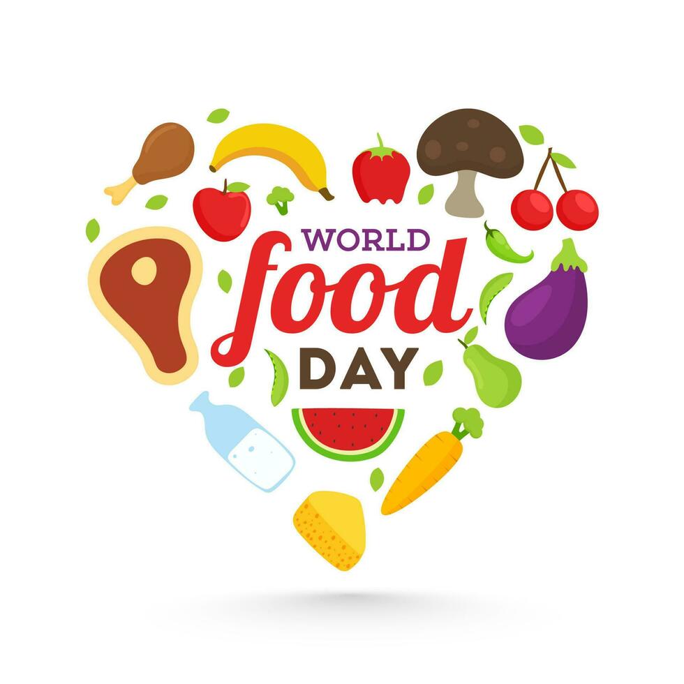mundo comida día texto decorado con frutas, verduras, carne, lechería productos en blanco antecedentes. lata ser usado como póster diseño. vector