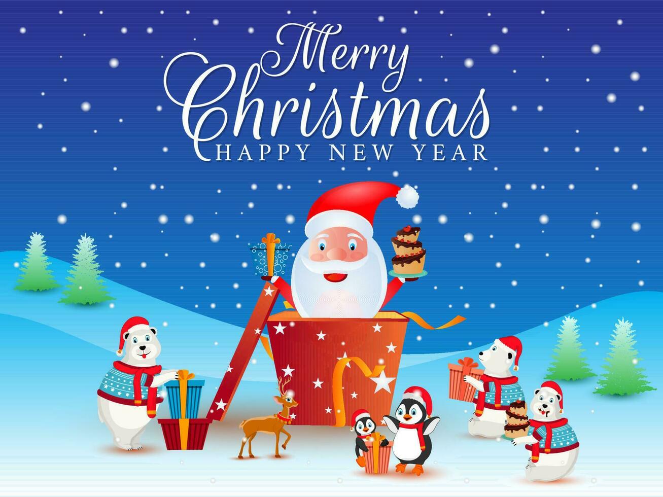 Merry Christmas and Happy New Year greeting card design with illustration of santa claus presenting cake in gift box, penguin, reindeer and polar bear on snowfall background. vector