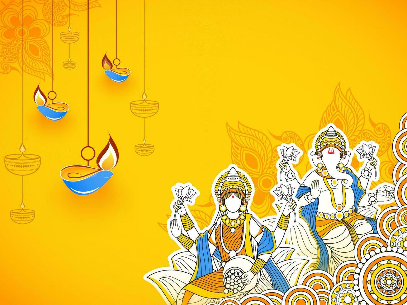 Line art style illustration of Goddess Lakshmi and Lord Ganesha on floral pattern background decorated with hanging illuminated oil lamps. vector