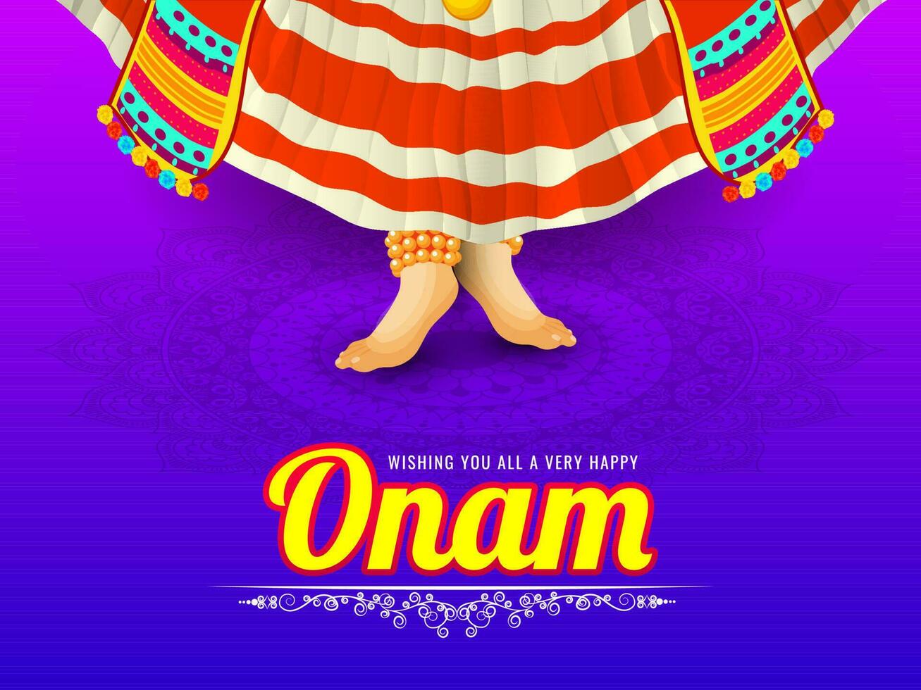 Onam Festival message card or poster design with illustration of Kathakali or Classical dancer on floral pattern background. vector