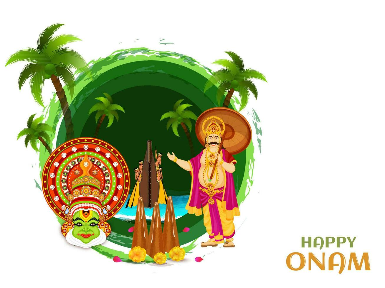 Happy Onam poster or banner design with illustration of Kathakali dancer face, King Mahabali and Thrikkakara Appan on green circular abstract background. vector