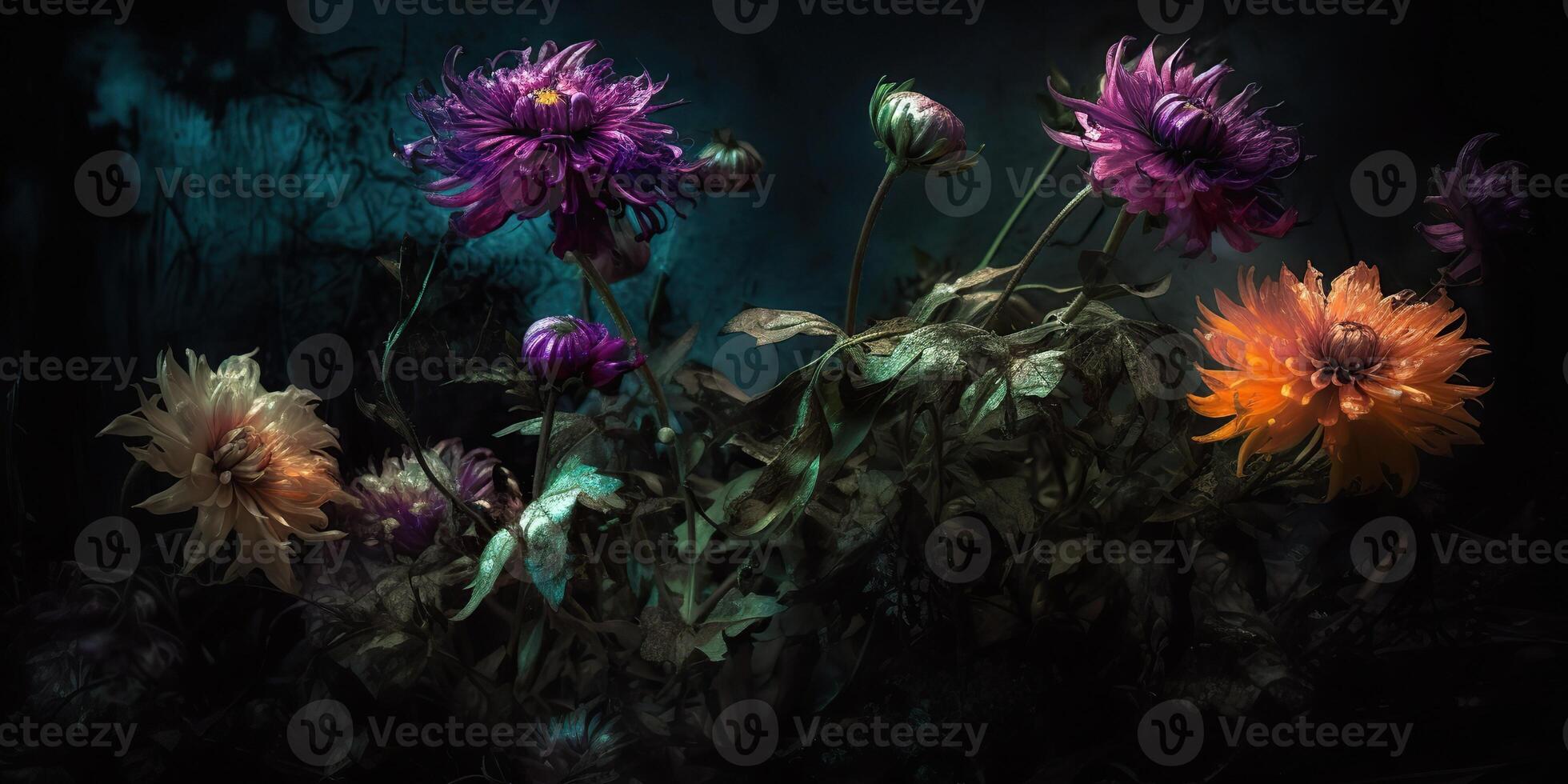 . . Beatiful painted oil drawing flowers. Aesthetics style inspired by dark mood Tim Burton vibe. Graphic Art photo