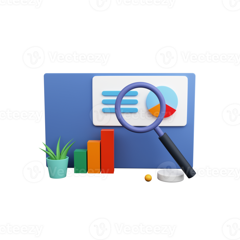 3D Render of Growth Graph Chart With Magnifying Glass, Plant Pot png