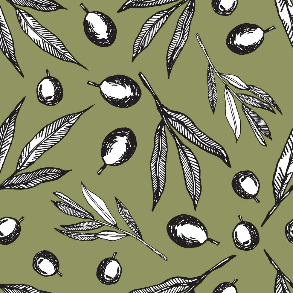 Vector graphics of olive branches. Seamless pattern with olive branches graphics. Graphic background with olives on a dark background.