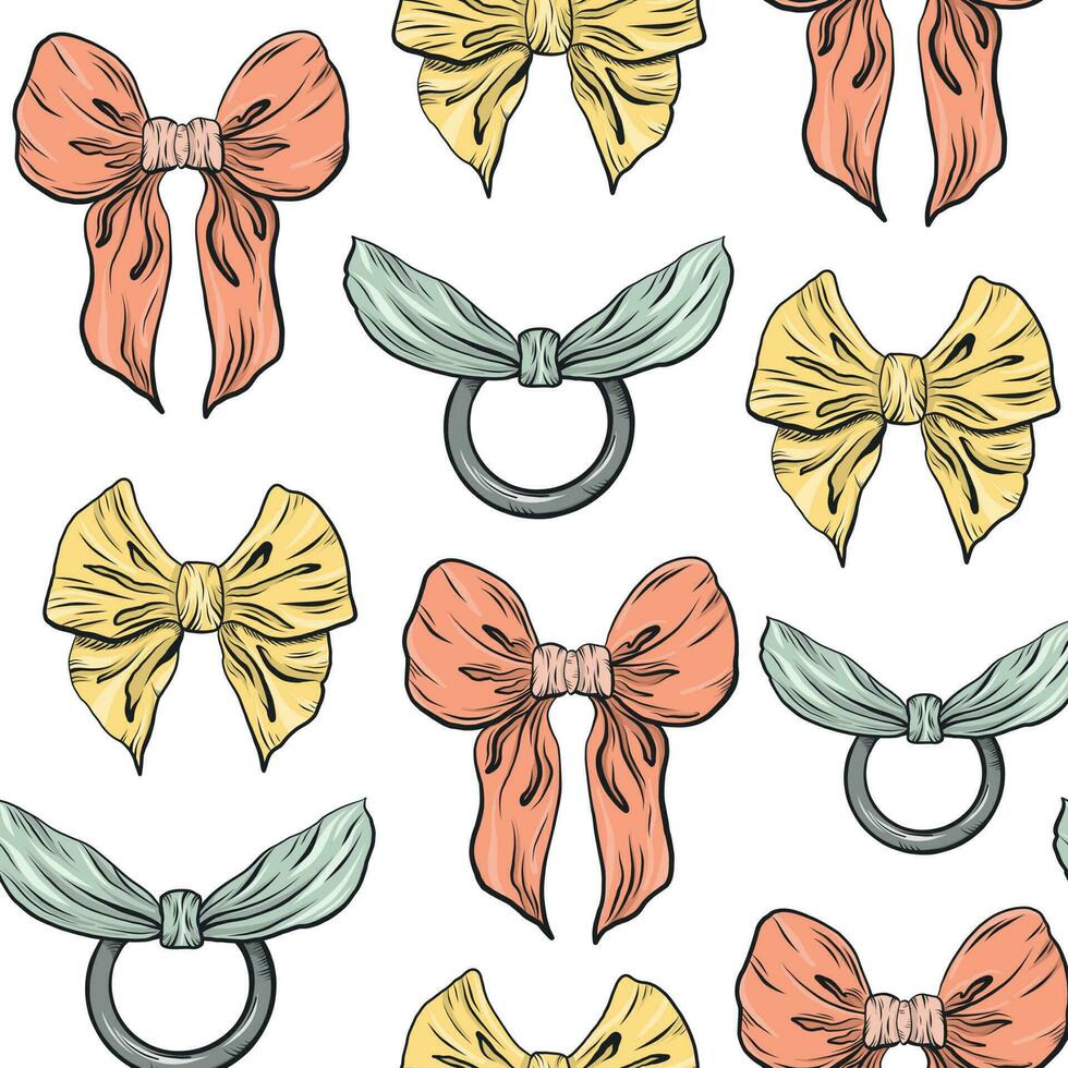 Cute seamless pattern for girls with hand-drawn multicolored bows highlighted on a white background. Graphic bow in vector. Background with bows vector. Accessories for girls vector. vector