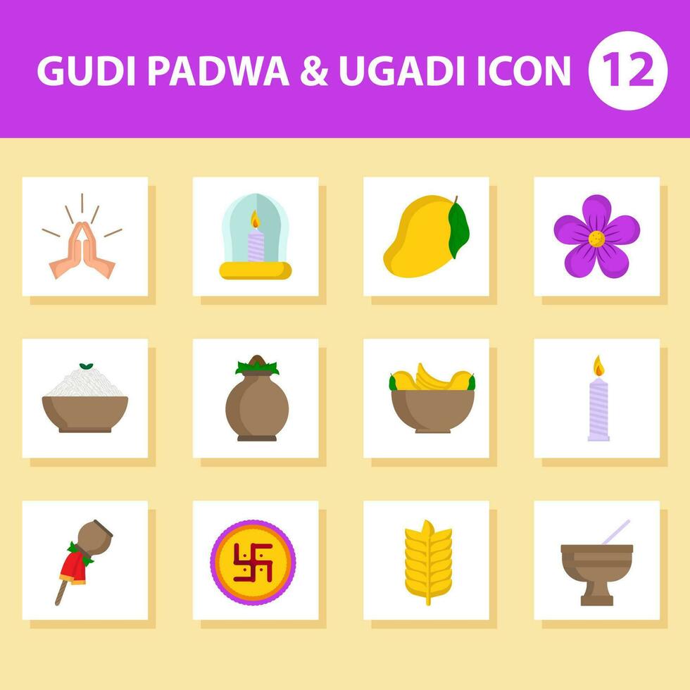 12 Gudi Padwa and Ugadi Festival Icon Set Over White And Yellow Square Background. vector