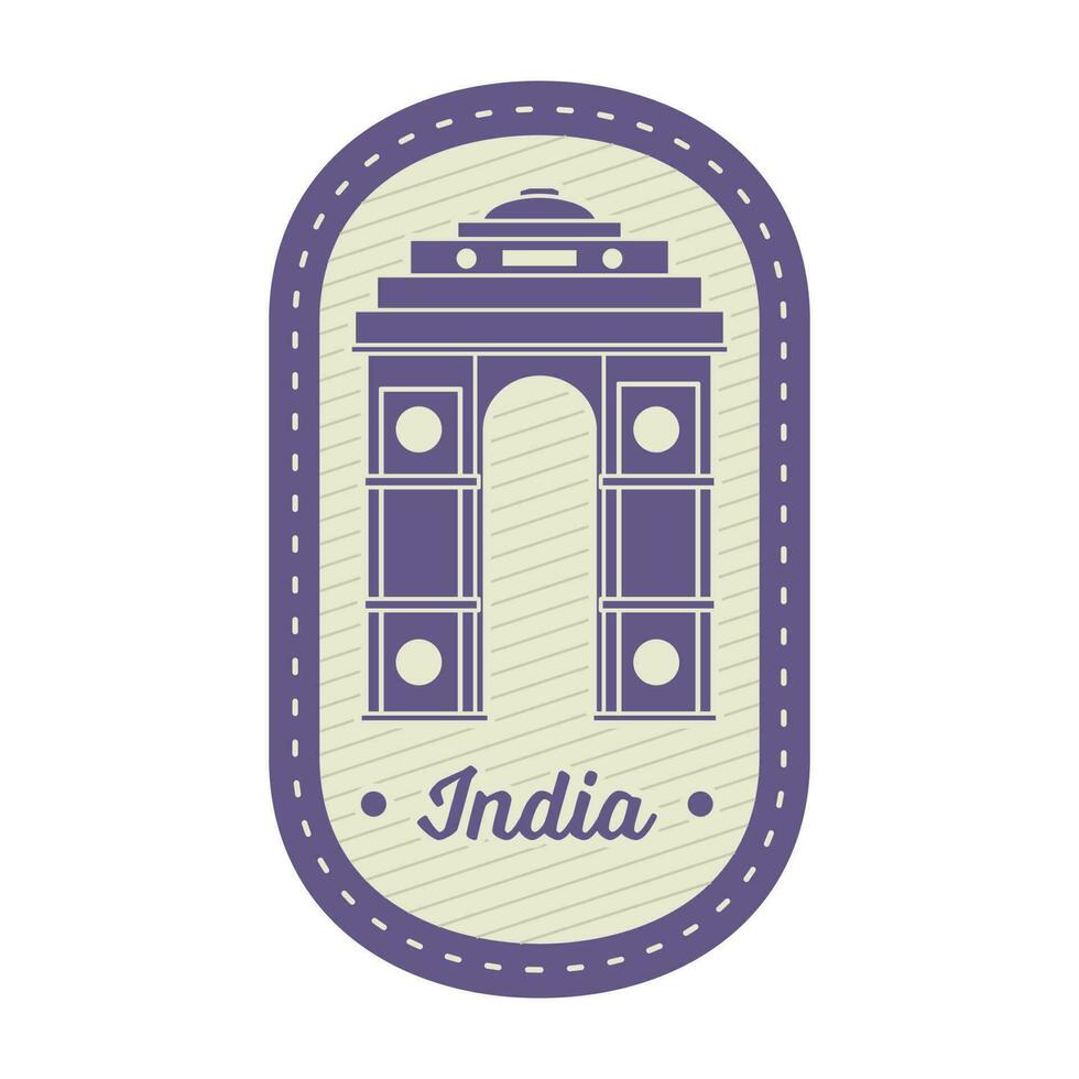 etiqueta o pegatina, sello diseño con India portón en oval antecedentes en Violeta y beige color. vector