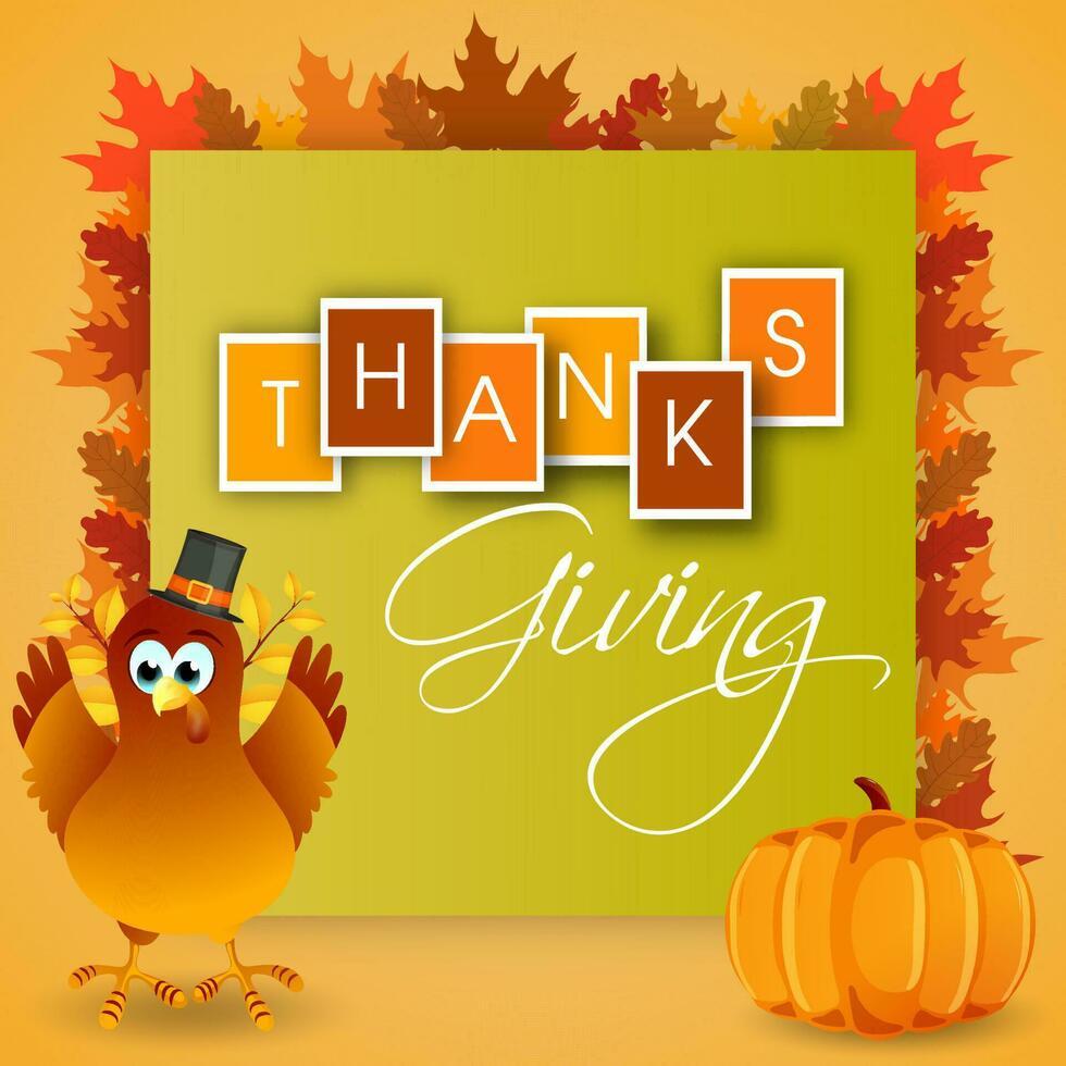 Stylish text of Thanksgiving with turkey bird, pumpkin and autumn leaves decorated on yellow background. vector